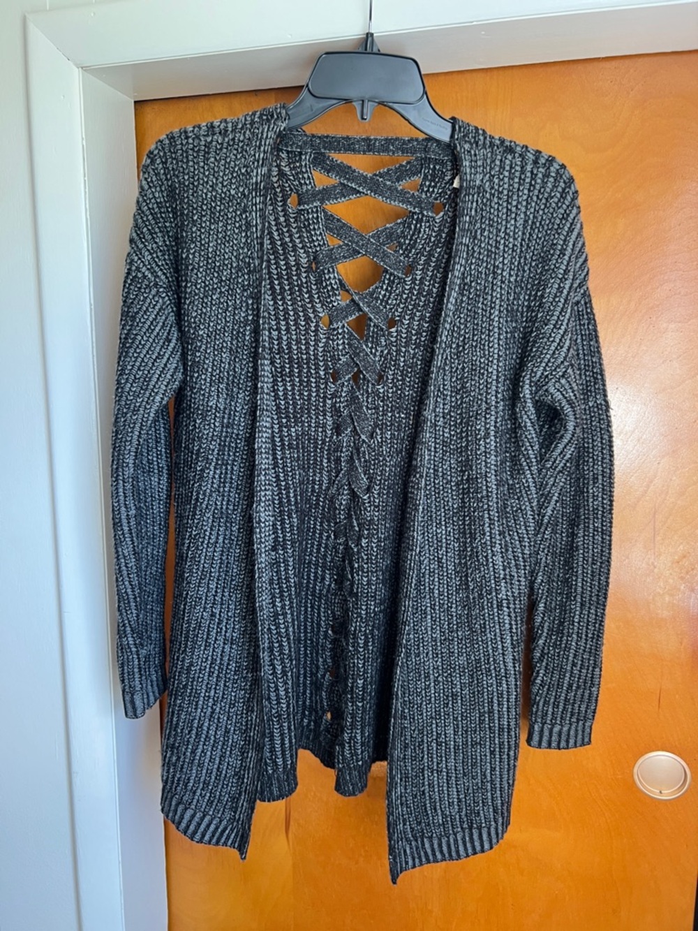Vanilla Star Charcoal Gray Open-Front Cardigan with Lace-Up Back